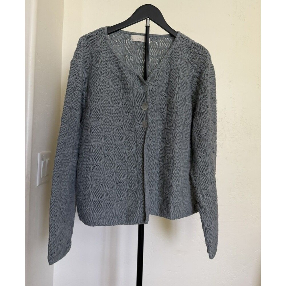 J Jill 100% Cotton Cardigan Sweater L Diamond Pattern Academia Work Office Cozy - Picture 2 of 8